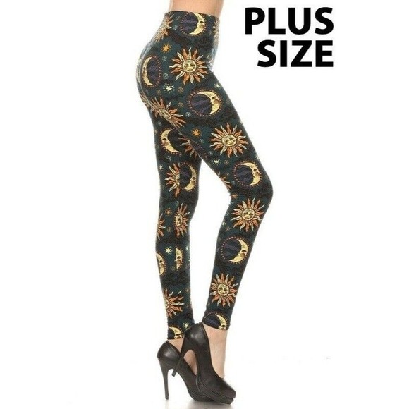 Plus Size Womens Sun & Moon Printed High Waisted Leggings With Elastic Waist - Picture 3 of 5